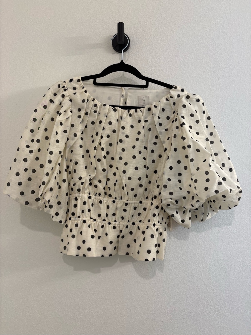 Joie White Peplum Top with Puff Sleeves and Black Polka Dots